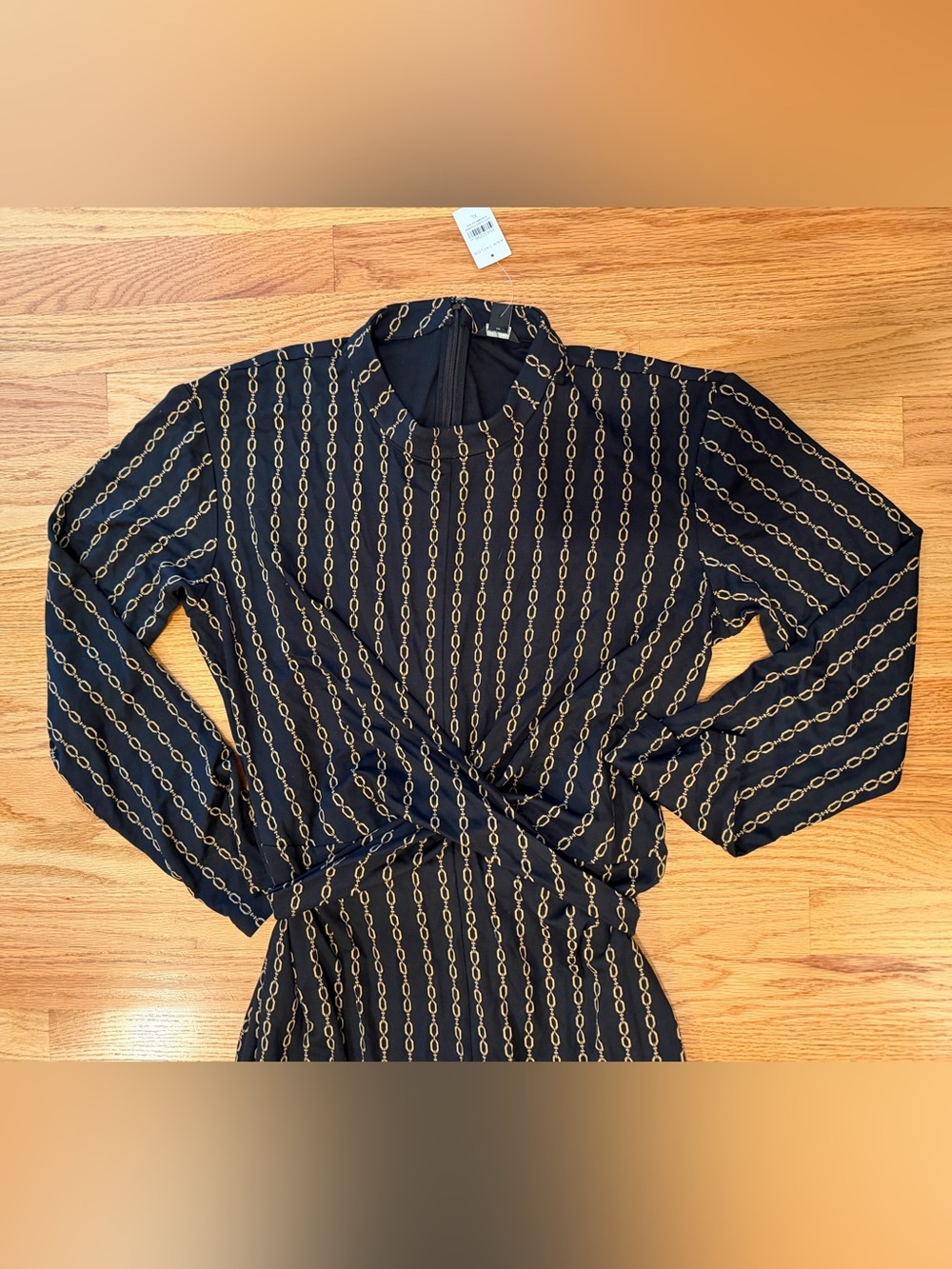 NWT Ann Taylor XL Chain Print Twist Front Midi Dress Black Gold Long Sleeve - Picture 3 of 11